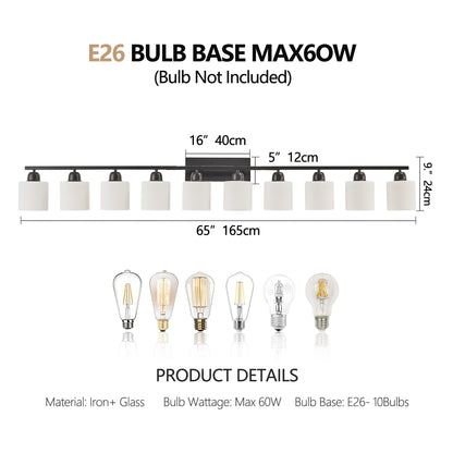 10 Light Bathroom Vanity Lights Over Mirror, 65.4 inch Black Vanity Lights Fixtures with White Glass Shades Matte Black Modern Vanity Lights Black Bathroom Wall Lighting for Mirror Bedroom