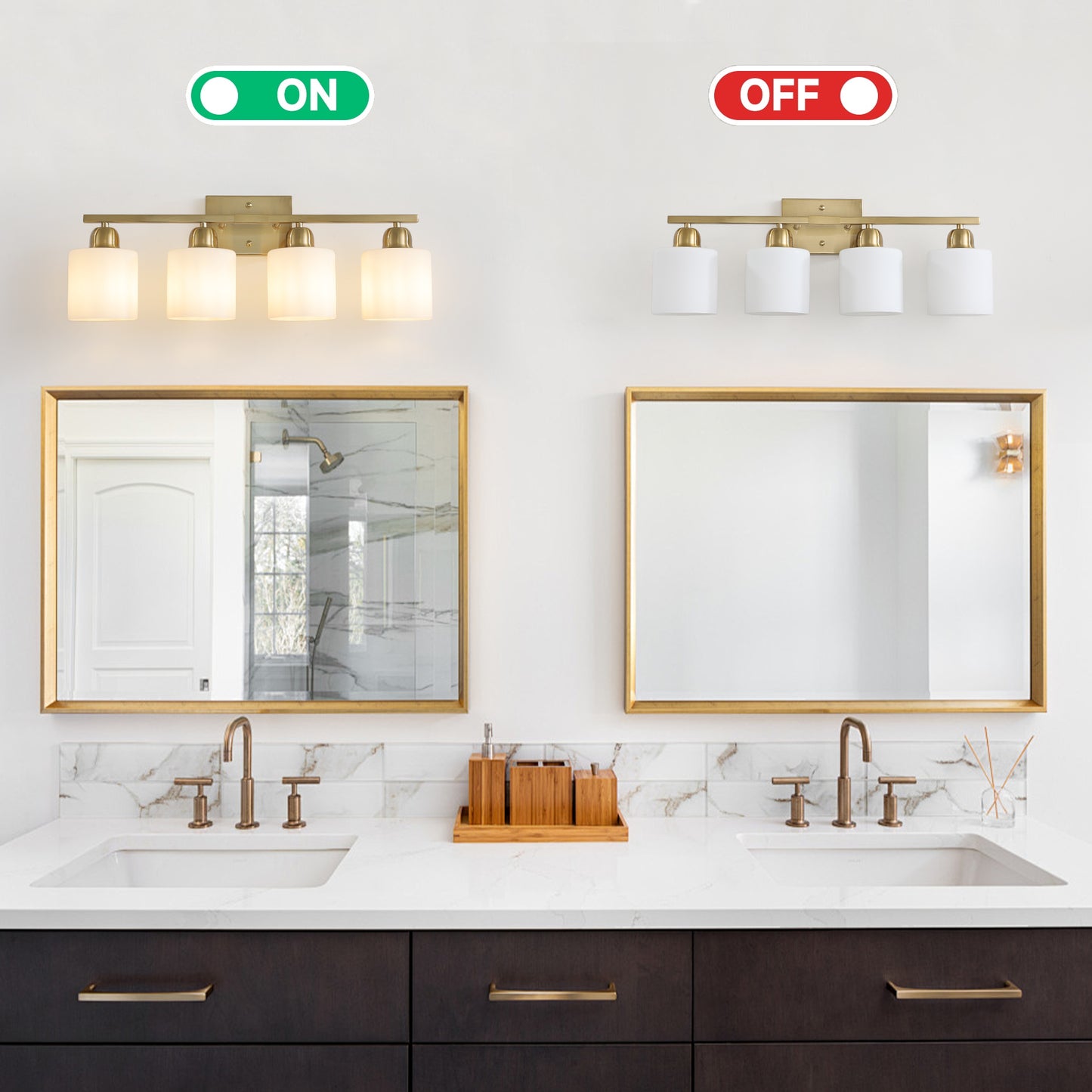 Gold Bathroom Light Fixtures, 4-Light Modern Vanity Light Over Mirror, Wall Sconces with Milky White Frosted Glass Shades, E26 Socket (Bulbs Not Included)