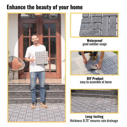 10 PCS Interlocking Deck Tiles Checker Pattern, 12" x 12" Light Gray Square Acacia Hardwood Outdoor Flooring for Patio, Bancony, Pool Side