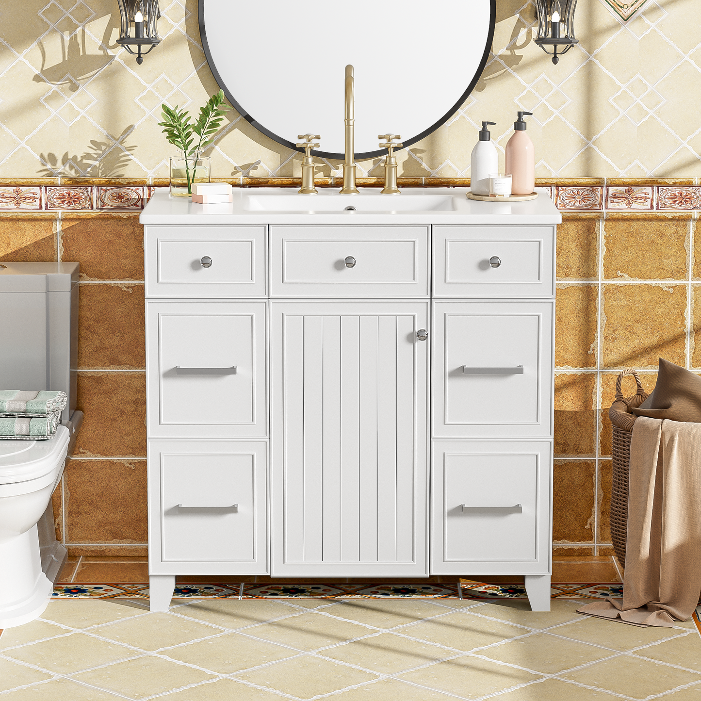 36" Bathroom Vanity with Ceramic Sink, White, Solid Wood Frame, Soft Close Doors, Adjustable Shelves, 3 Drawers ,Including Double-Depth Drawer for Hairdryer Storage