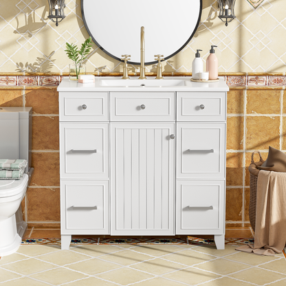 36" Bathroom Vanity with Ceramic Sink, White, Solid Wood Frame, Soft Close Doors, Adjustable Shelves, 3 Drawers ,Including Double-Depth Drawer for Hairdryer Storage