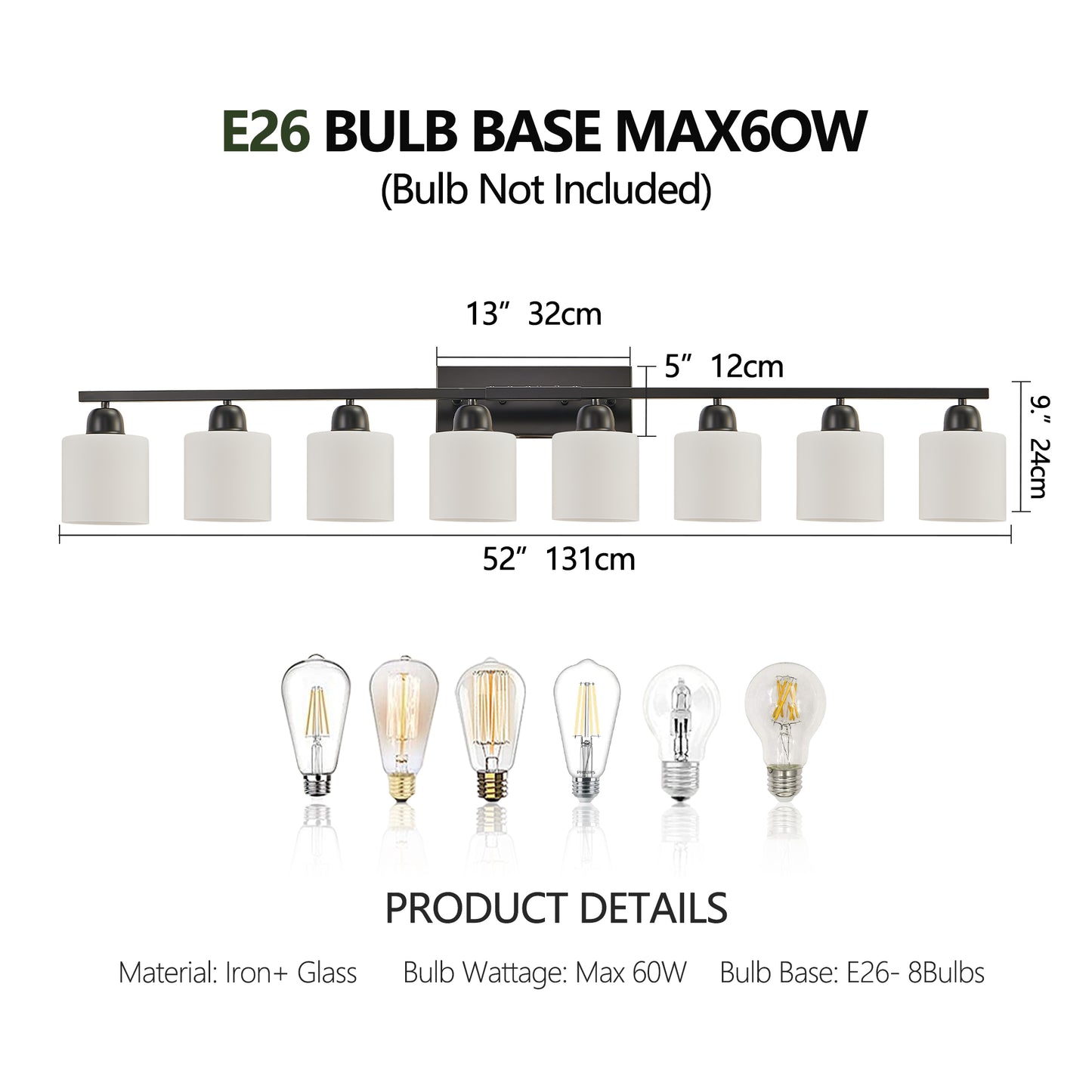 8-Light Bathroom Light Fixtures Over Mirror, 52inch Modern Matte Black Vanity Lights with White Frosted Glass Shade, Bathroom Wall Lamp Sconces for Mirror Bedroom, Living Room Hallway