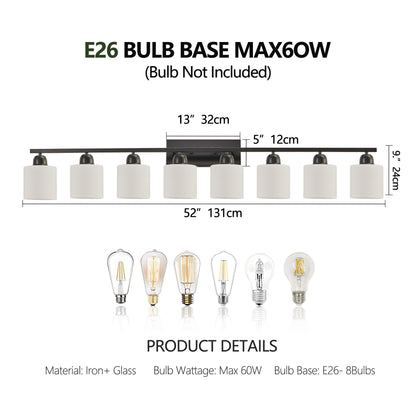 8-Light Bathroom Light Fixtures Over Mirror, 52inch Modern Matte Black Vanity Lights with White Frosted Glass Shade, Bathroom Wall Lamp Sconces for Mirror Bedroom, Living Room Hallway