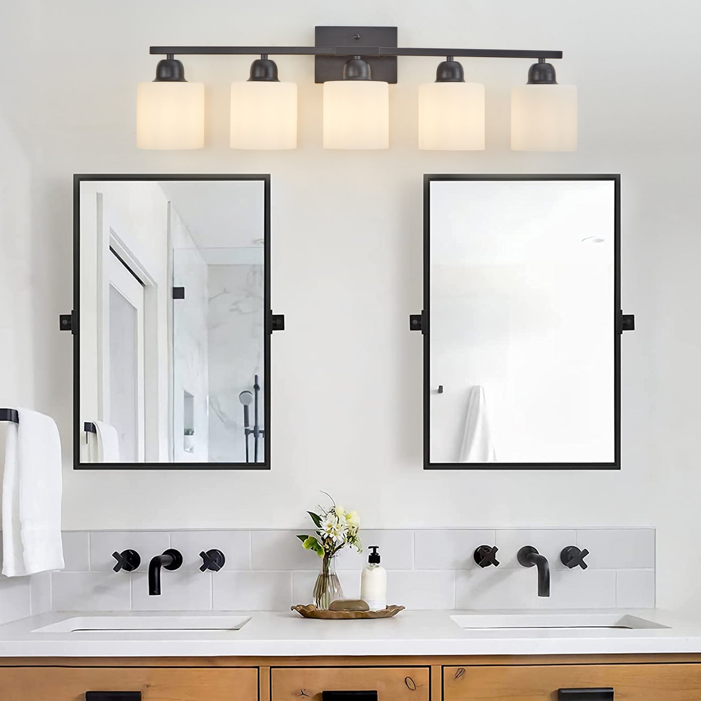 Black Bathroom Light Fixtures, 5-Light Modern Vanity Light Over Mirror, Wall Sconces with Milky White Frosted Glass Shades, E26 Socket (Bulbs Not Included)