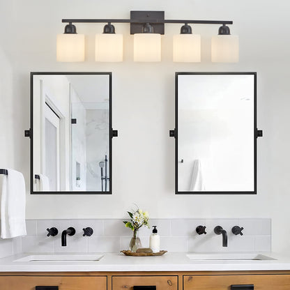 Black Bathroom Light Fixtures, 5-Light Modern Vanity Light Over Mirror, Wall Sconces with Milky White Frosted Glass Shades, E26 Socket (Bulbs Not Included)