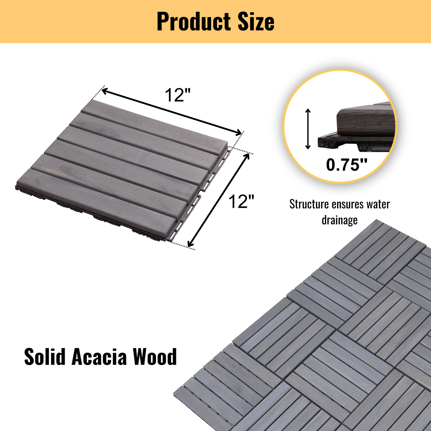 10 PCS Interlocking Deck Tiles Striped Pattern, 12" x 12" Square Light Gray Acacia Hardwood Outdoor Flooring for Patio, Bancony, Pool Side