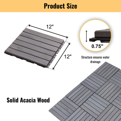 10 PCS Interlocking Deck Tiles Striped Pattern, 12" x 12" Square Light Gray Acacia Hardwood Outdoor Flooring for Patio, Bancony, Pool Side
