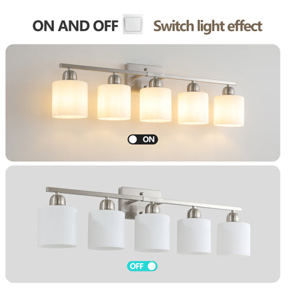 Brushed Nickel Bathroom Light Fixtures, 5-Light Modern Vanity Light Over Mirror, Wall Sconces with Milky White Frosted Glass Shades, E26 Socket (Bulbs Not Included)