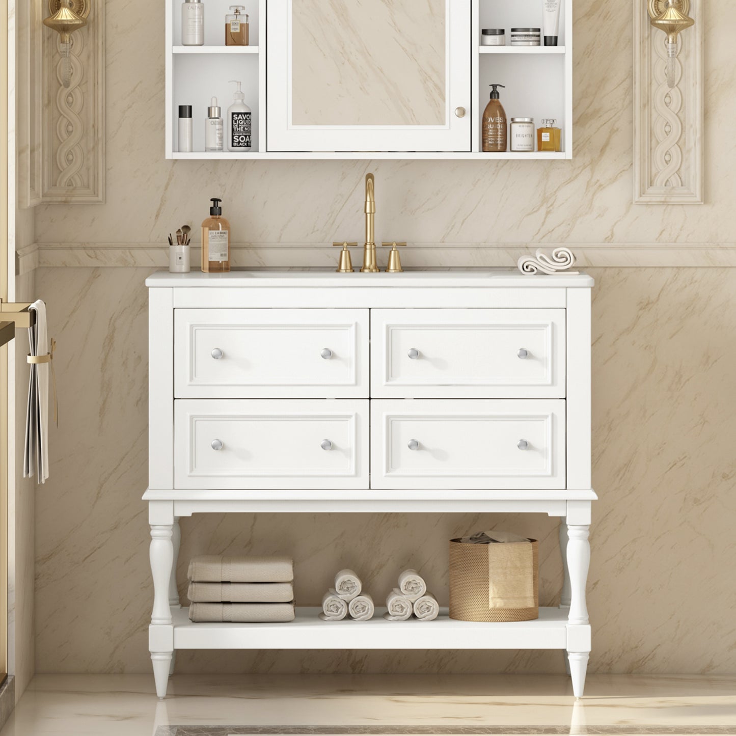 36" Bathroom Vanity Cabinet with Sink Combo Set, Undermount Ceramic Sink, Free Standing Vanity Set with 4 Drawers, Solid Wood Frame Bathroom Cabinet, White