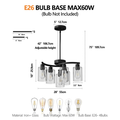 6-Light Modern Farmhouse Black Chandelier, Contemporary Dining Room Light Fixture, Adjustable Height Hanging Industrial Pendant Lights Kitchen Island, Clear Glass Shade
