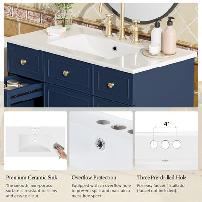 36" Bathroom Vanity with Ceramic Sink, Blue, Solid Wood Frame, Soft Close Doors, Adjustable Shelves, 3 Drawers,Including Double-Depth Drawer for Hairdryer Storage