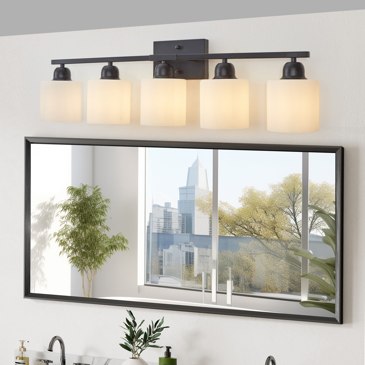Black Bathroom Light Fixtures, 5-Light Modern Vanity Light Over Mirror, Wall Sconces with Milky White Frosted Glass Shades, E26 Socket (Bulbs Not Included)