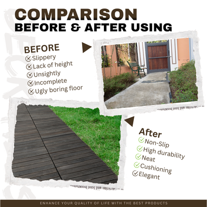 30 PCS Interlocking Deck Tiles Striped Pattern, 12" x 12" Dark Brown Square Acacia Hardwood Outdoor Flooring for Patio, Bancony, Pool Side