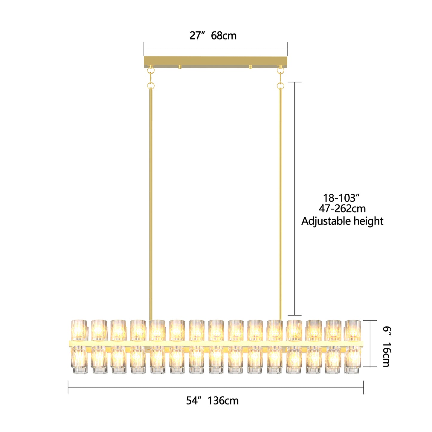 Crystal Brass Rectangle Chandeliers for Dining Room, 54in Gold Farmhouse Chandeliers for Dining Room, Modern Rectangle Crystal Chandelier for Kitchen Island Living Room, Includes 60XG4 Bulbs