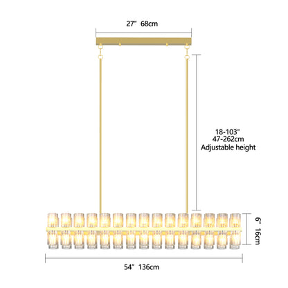 Crystal Brass Rectangle Chandeliers for Dining Room, 54in Gold Farmhouse Chandeliers for Dining Room, Modern Rectangle Crystal Chandelier for Kitchen Island Living Room, Includes 60XG4 Bulbs