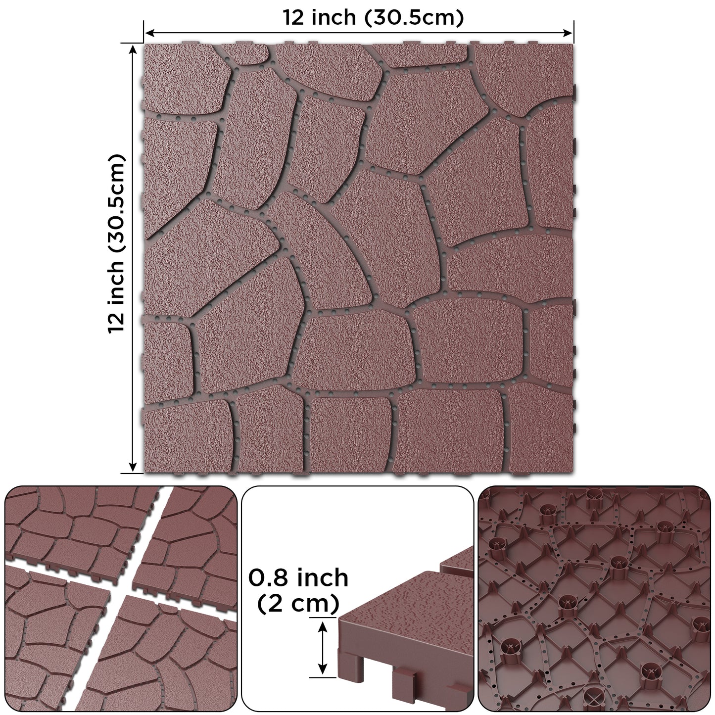 New Stone texture 12" Patio Deck Tiles, DIY Module Interlocking Decking Tiles Floor Tile,Easy and Quick Installation Court Tiles for Porch Poolside Balcony Backyard 44pcs, Brown