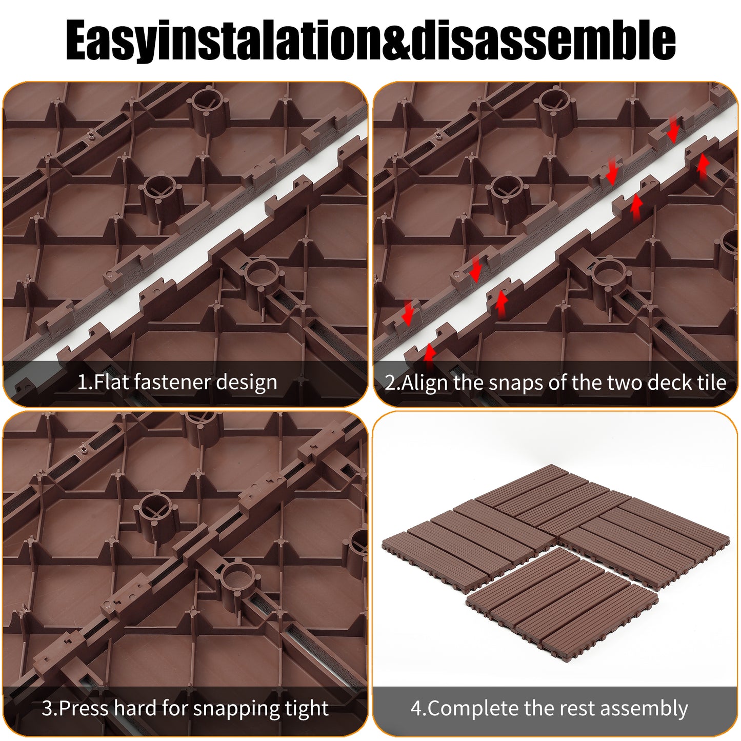 Plastic interlocking decking tiles, 44 packs of terrace decking tiles, 12 inches x 12 inches waterproof for all-weather use, backyard pool decking tiles, Brown