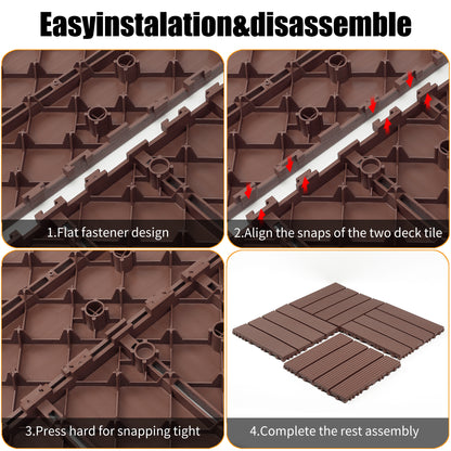 Plastic interlocking decking tiles, 44 packs of terrace decking tiles, 12 inches x 12 inches waterproof for all-weather use, backyard pool decking tiles, Brown