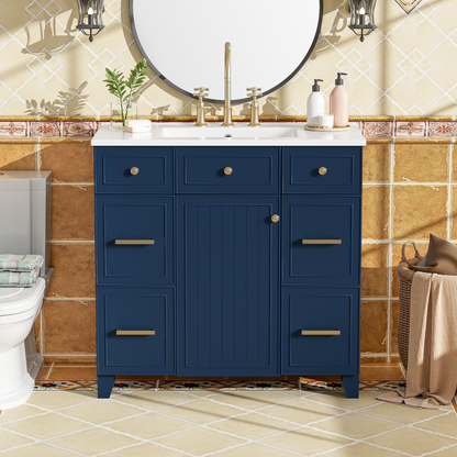 36" Bathroom Vanity with Ceramic Sink, Blue, Solid Wood Frame, Soft Close Doors, Adjustable Shelves, 3 Drawers,Including Double-Depth Drawer for Hairdryer Storage
