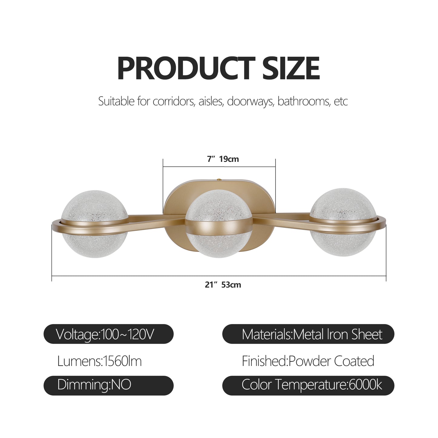 Bathroom Vanity Light, LED 3 Bulb Crystal Sand Acrylic Shades, Wall Mounted Decorative Lighting Fixture, Suitable for Bathroom Vanity Mirror (Champagne Gold)