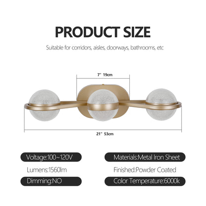 Bathroom Vanity Light, LED 3 Bulb Crystal Sand Acrylic Shades, Wall Mounted Decorative Lighting Fixture, Suitable for Bathroom Vanity Mirror (Champagne Gold)