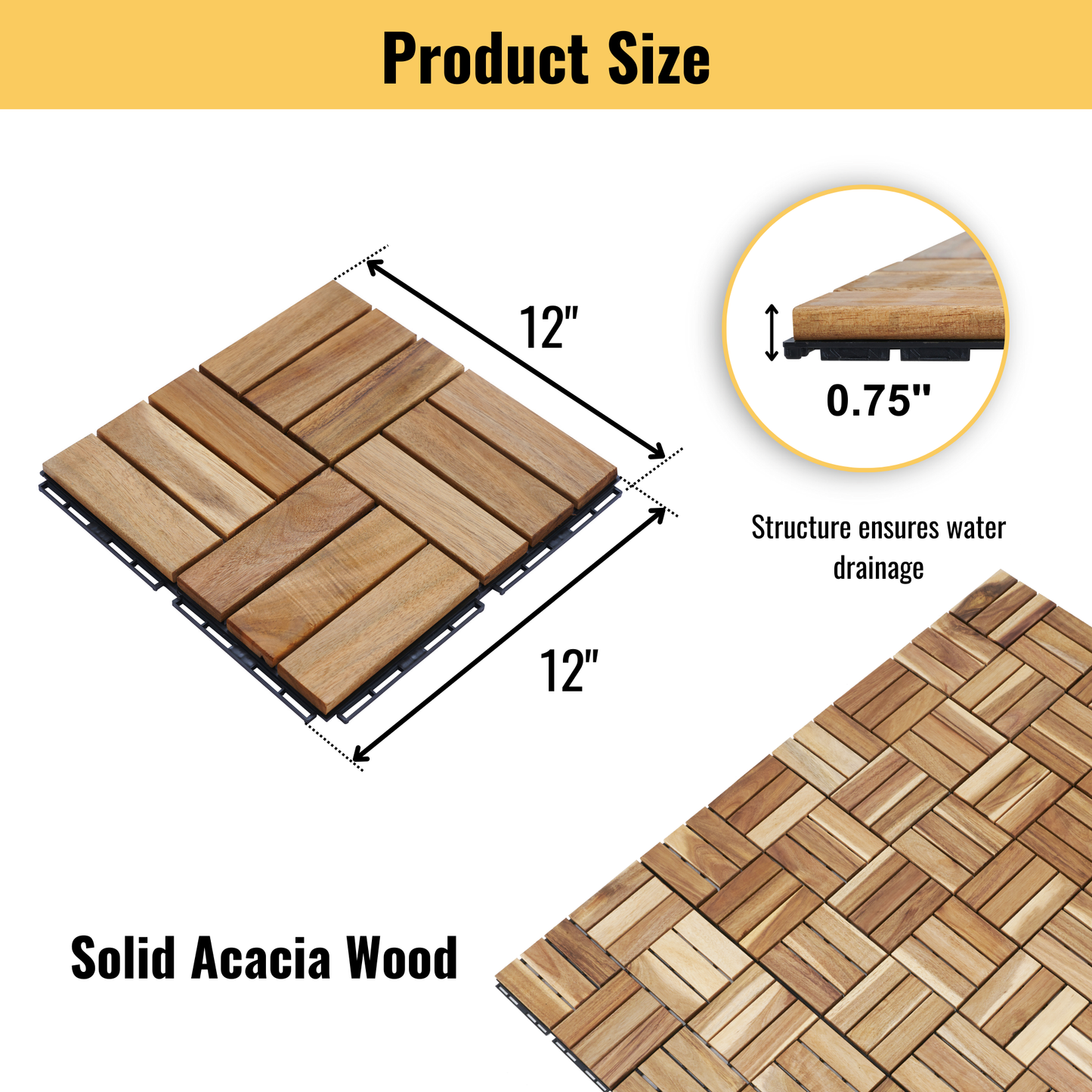 10 PCS Interlocking Deck Tiles Checker Pattern, 12" x 12" Square Yellow Acacia Hardwood Outdoor Flooring for Patio, Bancony, Pool Side