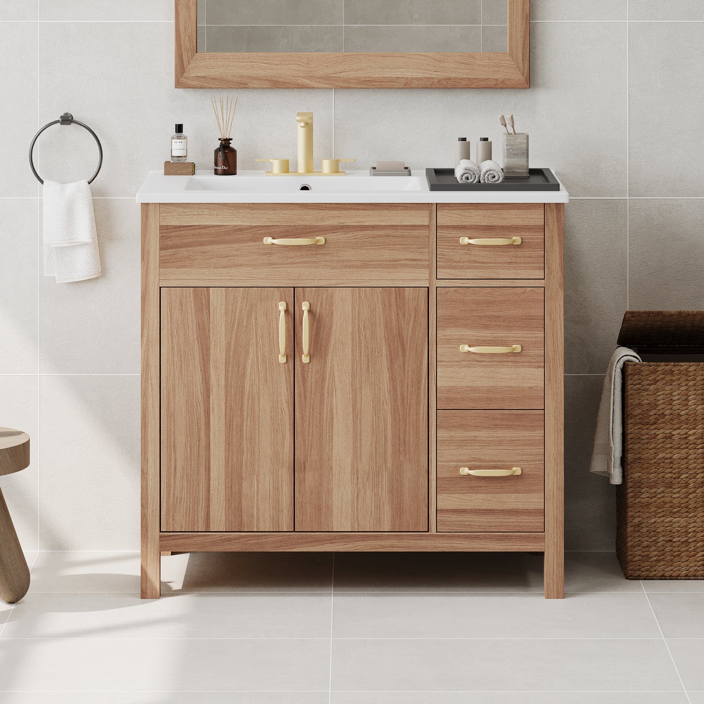 36" Wood Bathroom Vanity with Solid Wood Frame, 2 Soft Close Doors, 3 Soft Close Drawers, Adjustable Shelf, Modern Storage Cabinet for Small Bathrooms