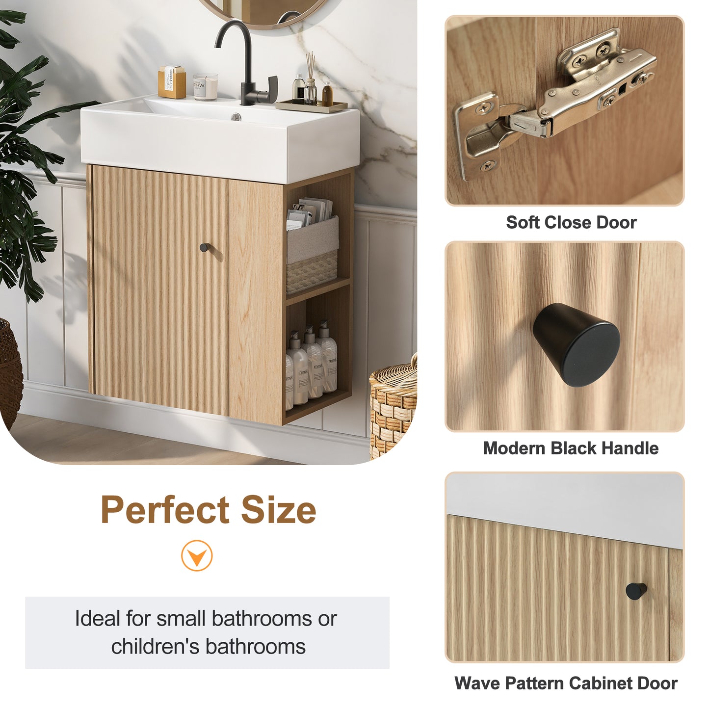 21.6" Modern Floating Bathroom Vanity with Ceramic Basin - Perfect for Small Bathrooms, Right side storage