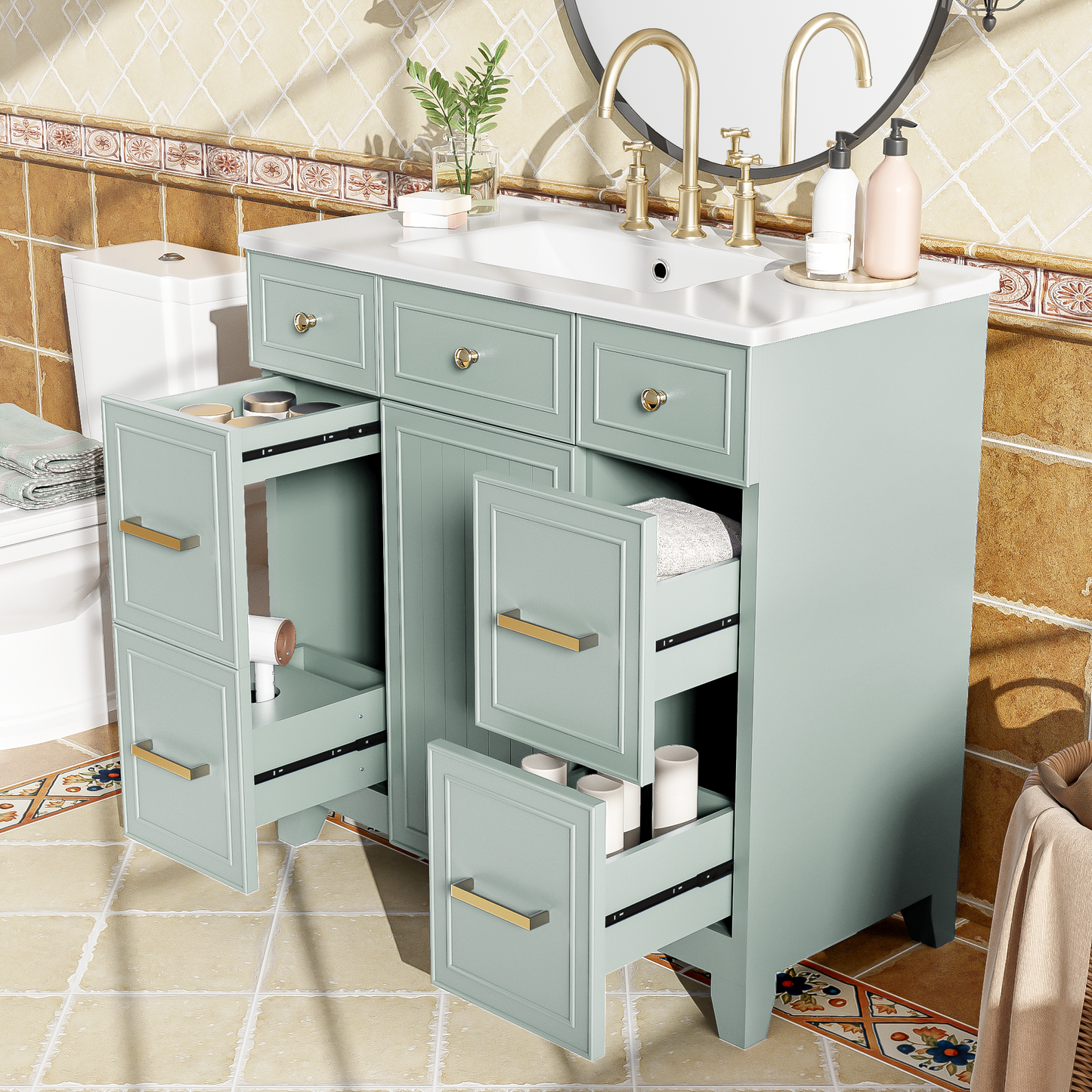 36" Bathroom Vanity with Ceramic Sink, Green, Solid Wood Frame, Soft Close Doors, Adjustable Shelves, 3 Drawers ,Including Double-Depth Drawer for Hairdryer Storage