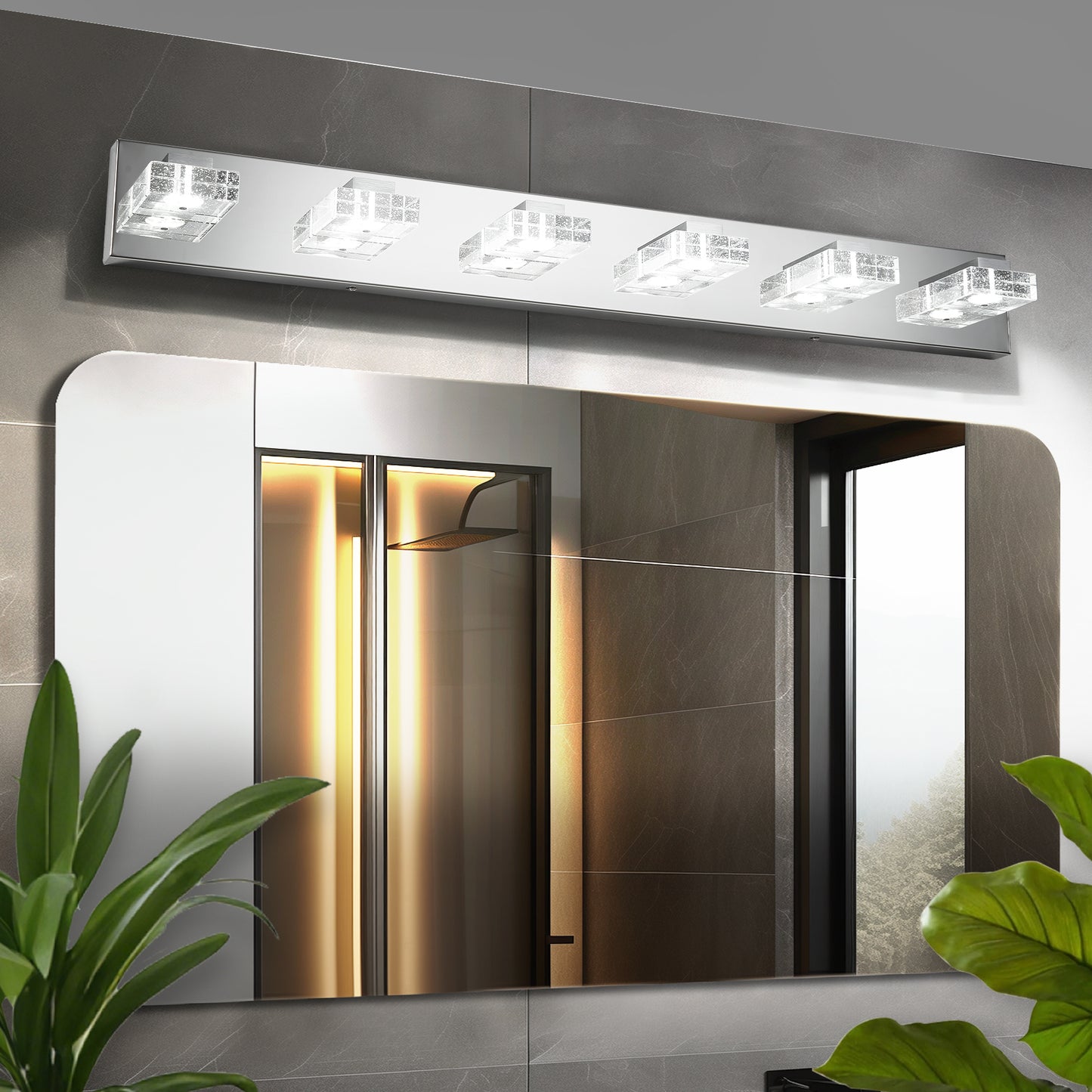 38" Modern Chrome 6-Light LED Vanity Light, Square Acrylic Lampshades Wall Mount Fixture for Bathroom, Mirror Lighting