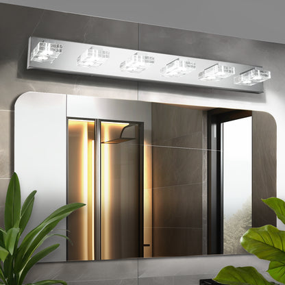 38" Modern Chrome 6-Light LED Vanity Light, Square Acrylic Lampshades Wall Mount Fixture for Bathroom, Mirror Lighting