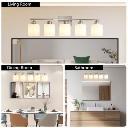 Brushed Nickel Bathroom Light Fixtures, 5-Light Modern Vanity Light Over Mirror, Wall Sconces with Milky White Frosted Glass Shades, E26 Socket (Bulbs Not Included)