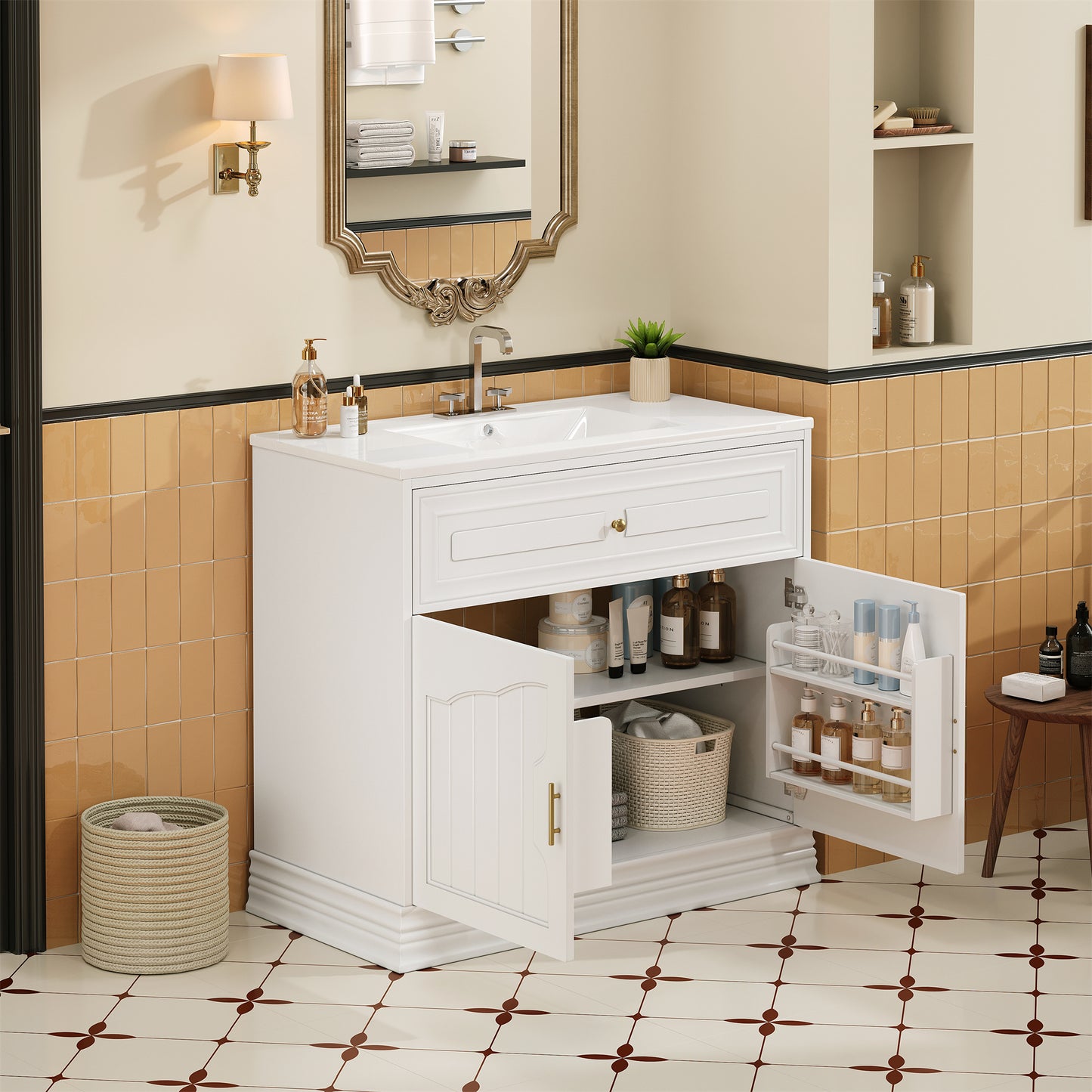 36" Luxurious Bathroom Vanity with Ceramic Sink, Bathroom Vanities Cabinet with 2 large Soft Closing Doors, Solid Wood Frame Bathroom Storage Cabinet