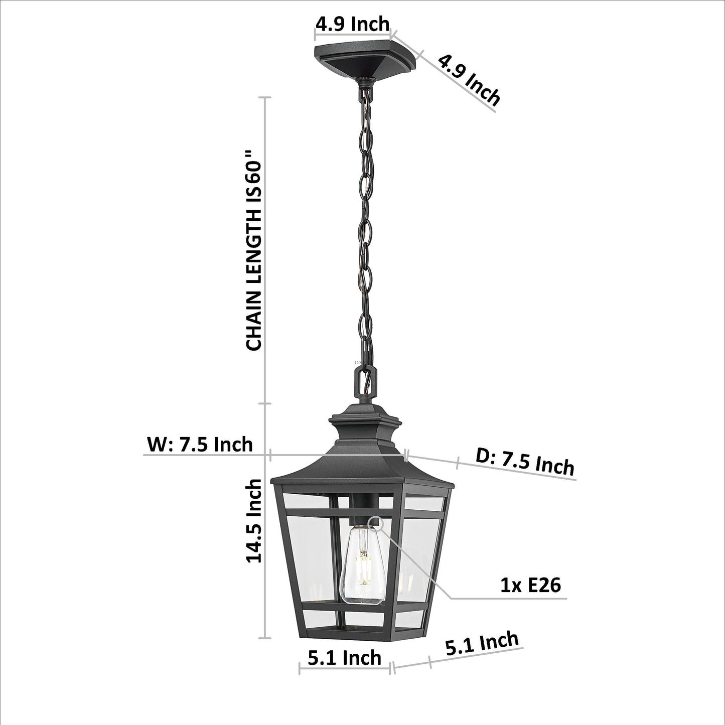 Outdoor Pendant Light E26 Socket, 14.5'' Modern Exterior Hanging Light Fixture with Clear Glass, Farmhouse Black Metal Outside Chandelier for Patio Front Porch Foyer Entryway (1 pack)