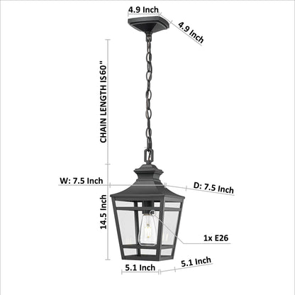 Outdoor Pendant Light E26 Socket, 14.5'' Modern Exterior Hanging Light Fixture with Clear Glass, Farmhouse Black Metal Outside Chandelier for Patio Front Porch Foyer Entryway (1 pack)