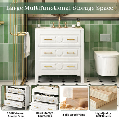 30'' Bathroom Vanity with Ceramic Sink Combo, Free Standing Single Vanity Set with 3 Drawers, Solid Wood Frame Bathroom Storage Cabinet, White