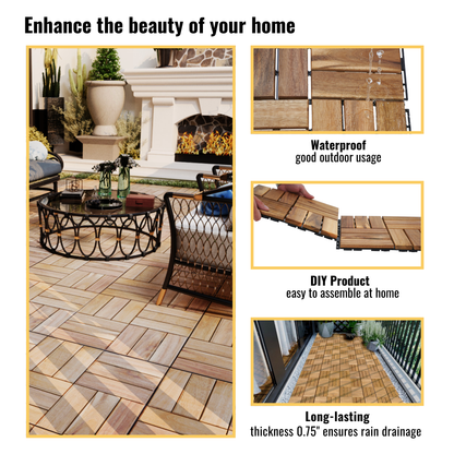 30 PCS Interlocking Deck Tiles Checker Pattern, 12" x 12" Square Yellow Acacia Hardwood Outdoor Flooring for Patio, Bancony, Pool Side