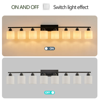 8-Light Bathroom Light Fixtures Over Mirror, 52inch Modern Matte Black Vanity Lights with White Frosted Glass Shade, Bathroom Wall Lamp Sconces for Mirror Bedroom, Living Room Hallway