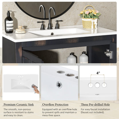 36 " Bathroom Vanity Organizer with Ceramic Sink, Set Bathroom Storage Cabinet, Vintage Espresso