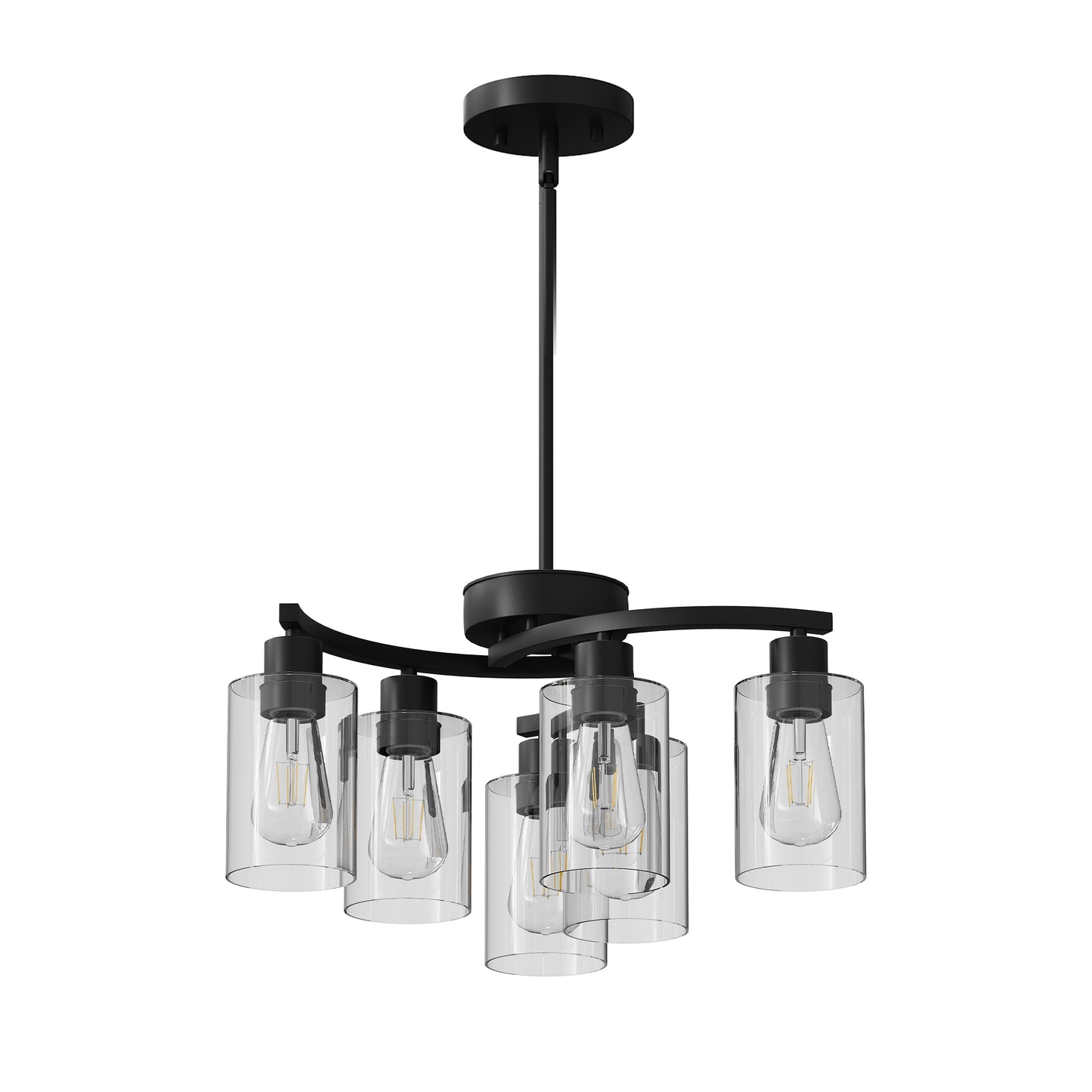 6-Light Modern Farmhouse Black Chandelier, Contemporary Dining Room Light Fixture, Adjustable Height Hanging Industrial Pendant Lights Kitchen Island, Clear Glass Shade