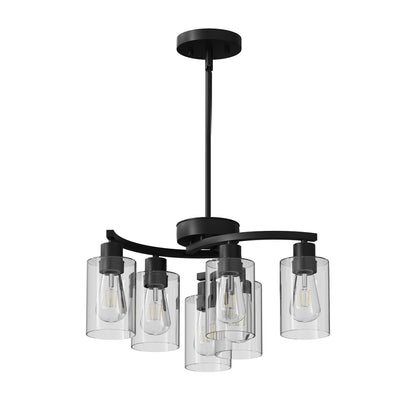 6-Light Modern Farmhouse Black Chandelier, Contemporary Dining Room Light Fixture, Adjustable Height Hanging Industrial Pendant Lights Kitchen Island, Clear Glass Shade