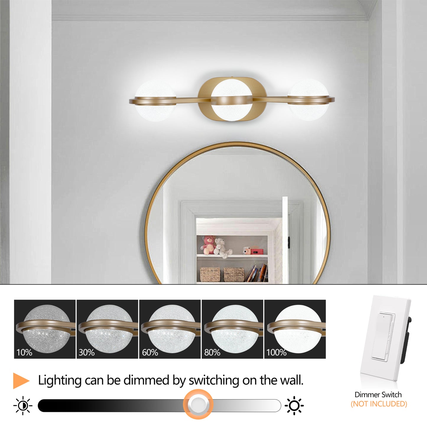 Bathroom Vanity Light, LED 3 Bulb Crystal Sand Acrylic Shades, Wall Mounted Decorative Lighting Fixture, Suitable for Bathroom Vanity Mirror (Champagne Gold)