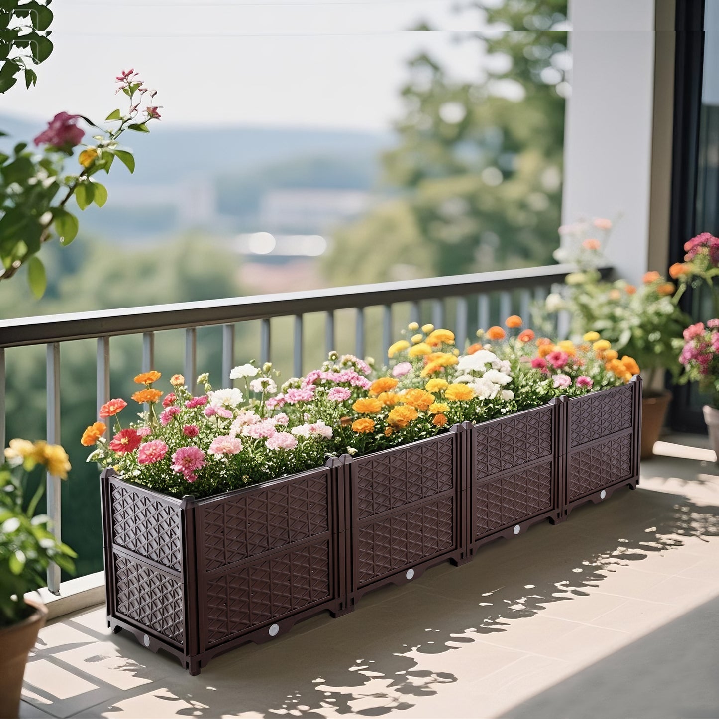 Indoor and outdoor rectangular plastic planting box; planting kit for fresh vegetables, herbs, flowers, and succulents; brown