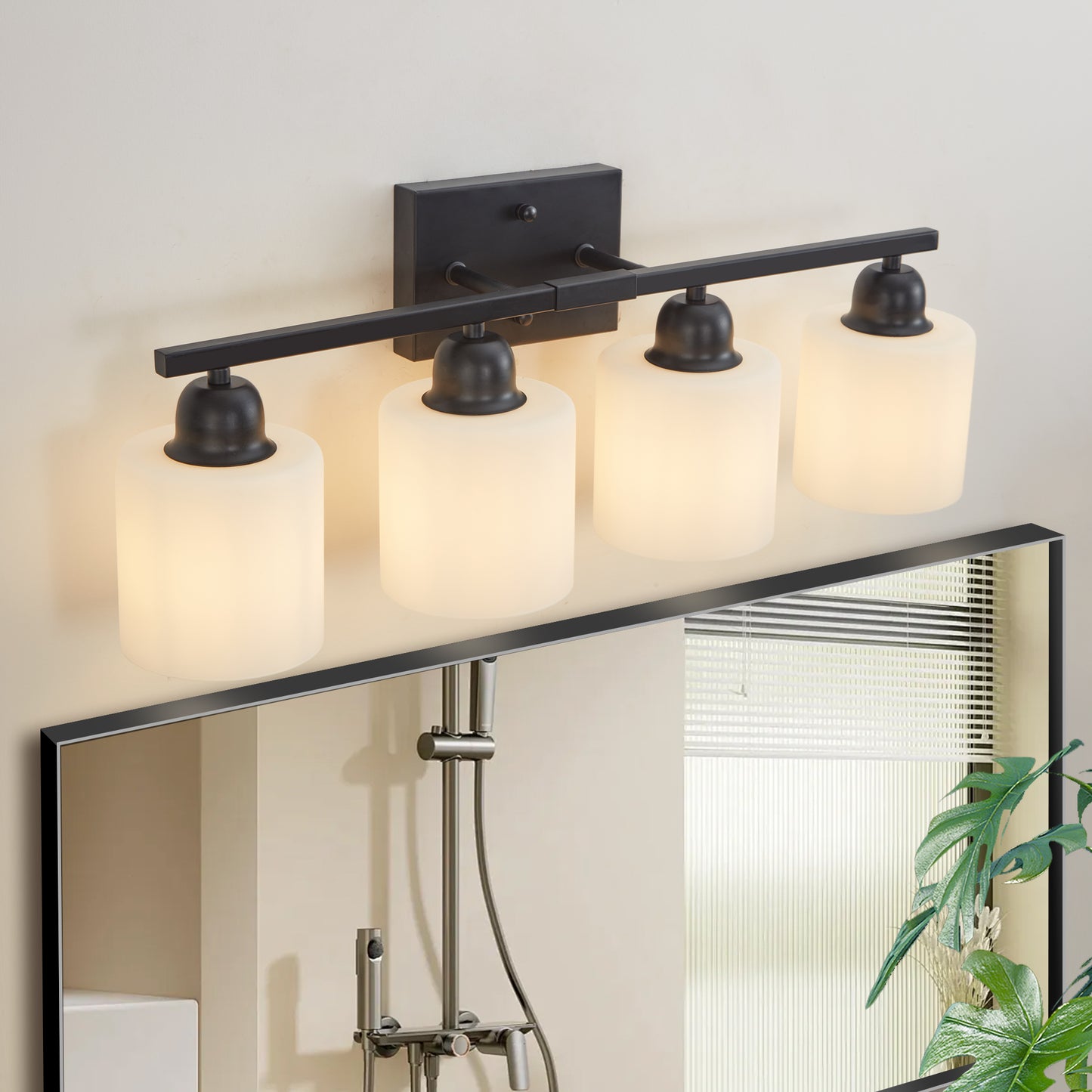 Black Bathroom Light Fixtures, 4-Light Modern Vanity Light Over Mirror, Wall Sconces with Milky White Frosted Glass Shades, E26 Socket (Bulbs Not Included)