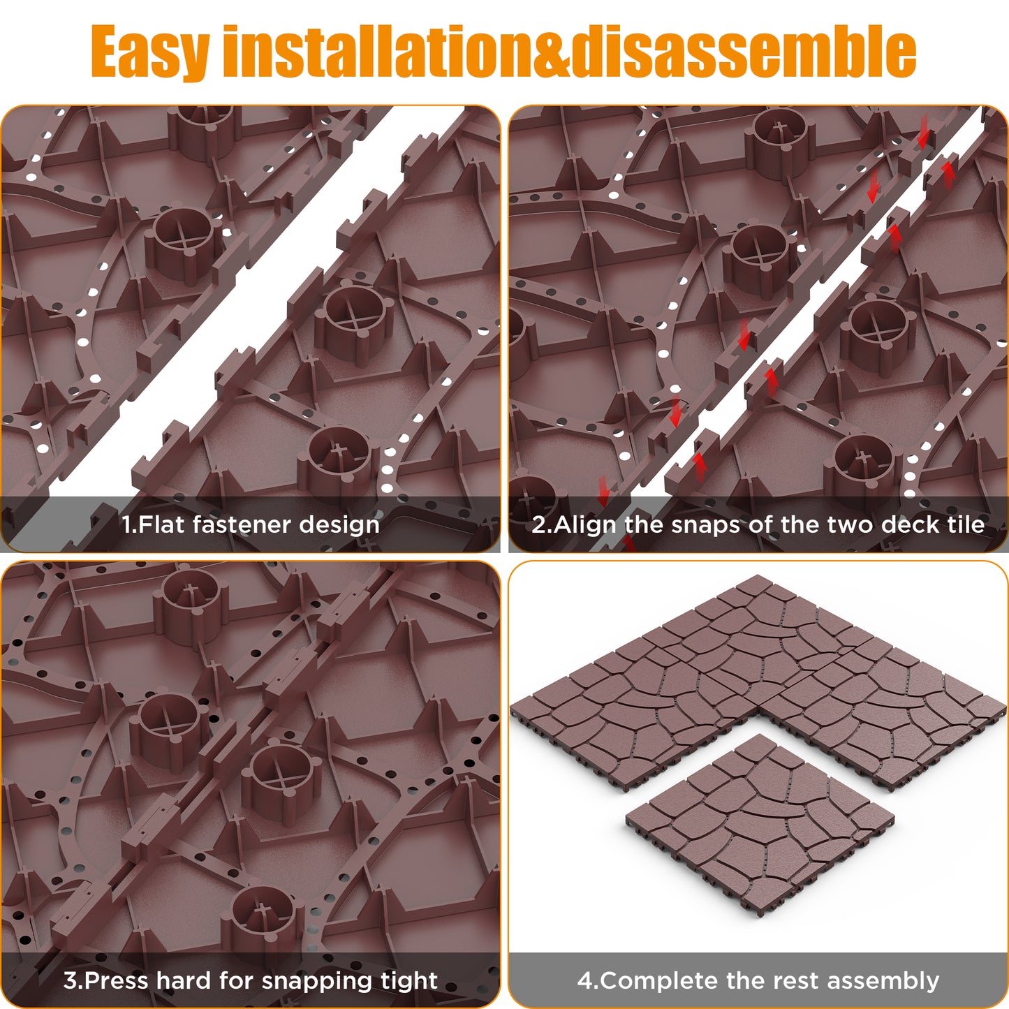 New Stone texture 12" Patio Deck Tiles, DIY Module Interlocking Decking Tiles Floor Tile,Easy and Quick Installation Court Tiles for Porch Poolside Balcony Backyard 44pcs, Brown