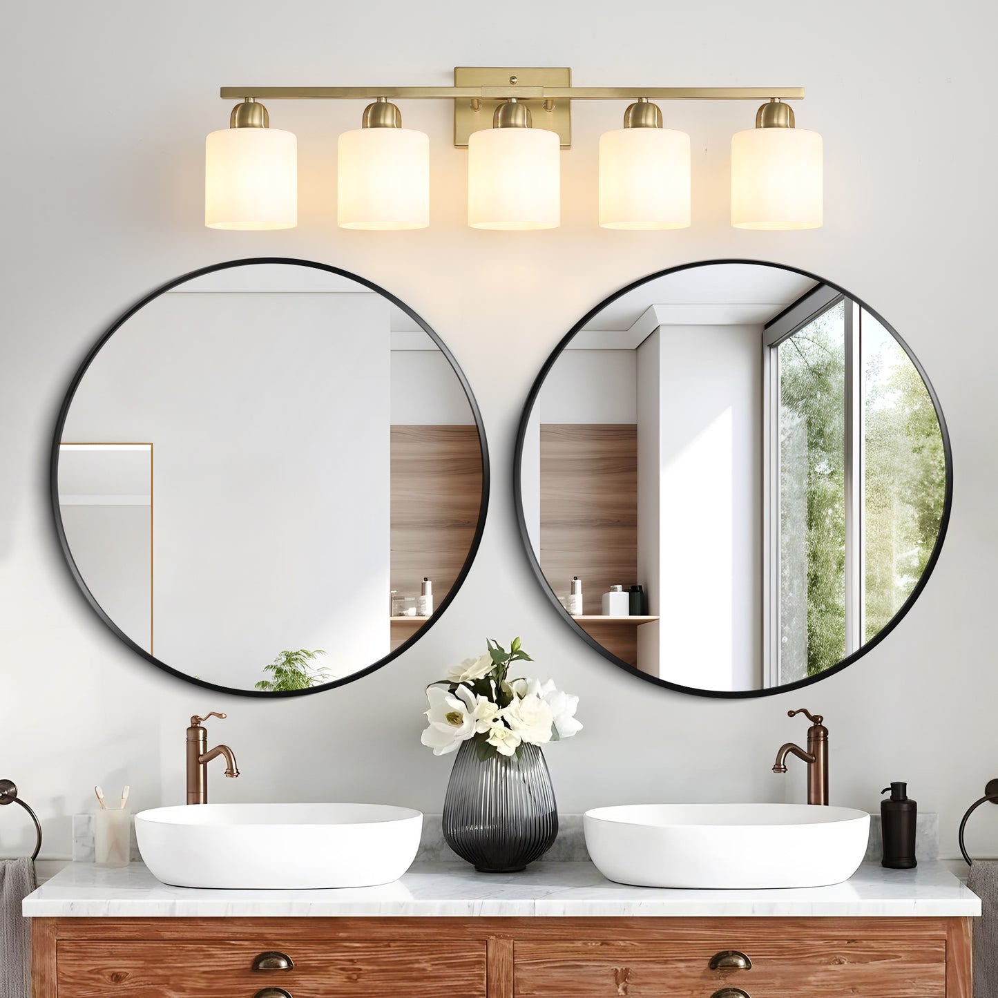 Gold Bathroom Light Fixtures, 5-Light Modern Vanity Light Over Mirror, Wall Sconces with Milky White Frosted Glass Shades, E26 Socket (Bulbs Not Included)