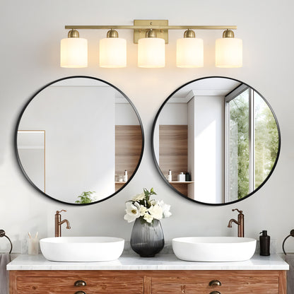 Gold Bathroom Light Fixtures, 5-Light Modern Vanity Light Over Mirror, Wall Sconces with Milky White Frosted Glass Shades, E26 Socket (Bulbs Not Included)