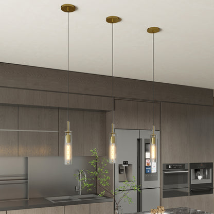Gold Pendant Light Fixtures, 3 Pack Modern Pendant Lighting with Clear Striped Glass Shade, Hanging Pendant Lights Kitchen Island, Farmhouse Pendant Lighting for Dining Room Bedroom Bathroom
