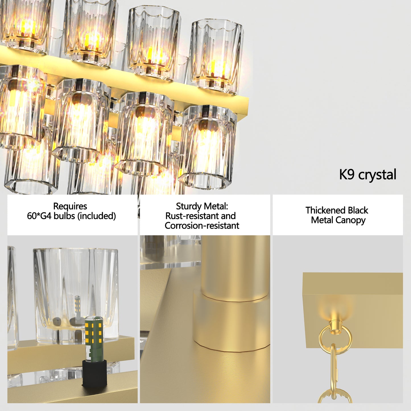 Crystal Brass Rectangle Chandeliers for Dining Room, 54in Gold Farmhouse Chandeliers for Dining Room, Modern Rectangle Crystal Chandelier for Kitchen Island Living Room, Includes 60XG4 Bulbs