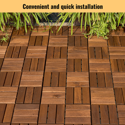 Acacia Wood Interlocking Deck Tiles Checker Pattern, 30 PCS  12" x 12" Square Acacia Hardwood Outdoor Flooring for Patio, Bancony, Pool Side